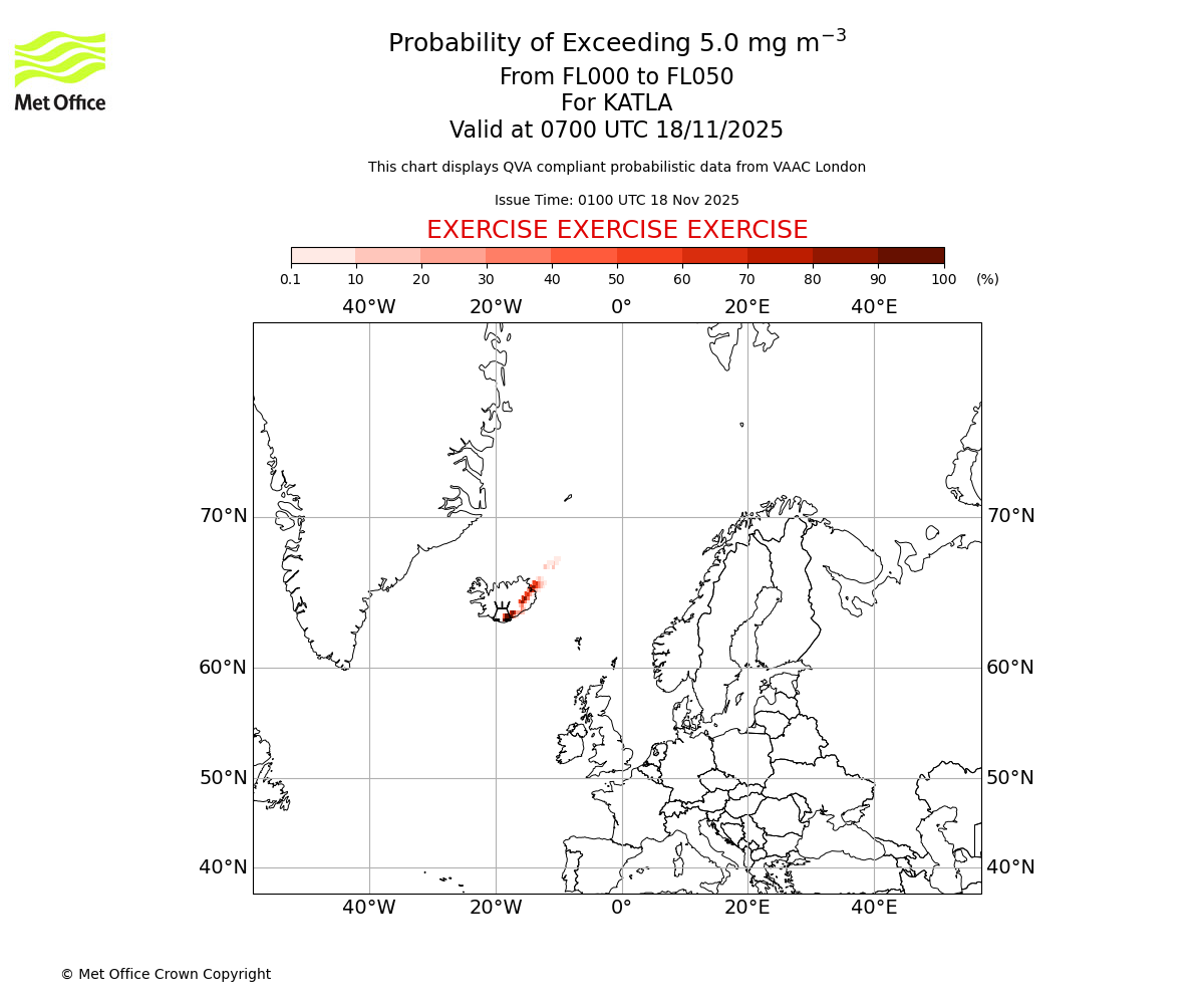 Probability of exceeding 5.0 milligrams per metre cubed. From 000 to 050 for KATLA. Valid at 0700 UTC 18/11/2025