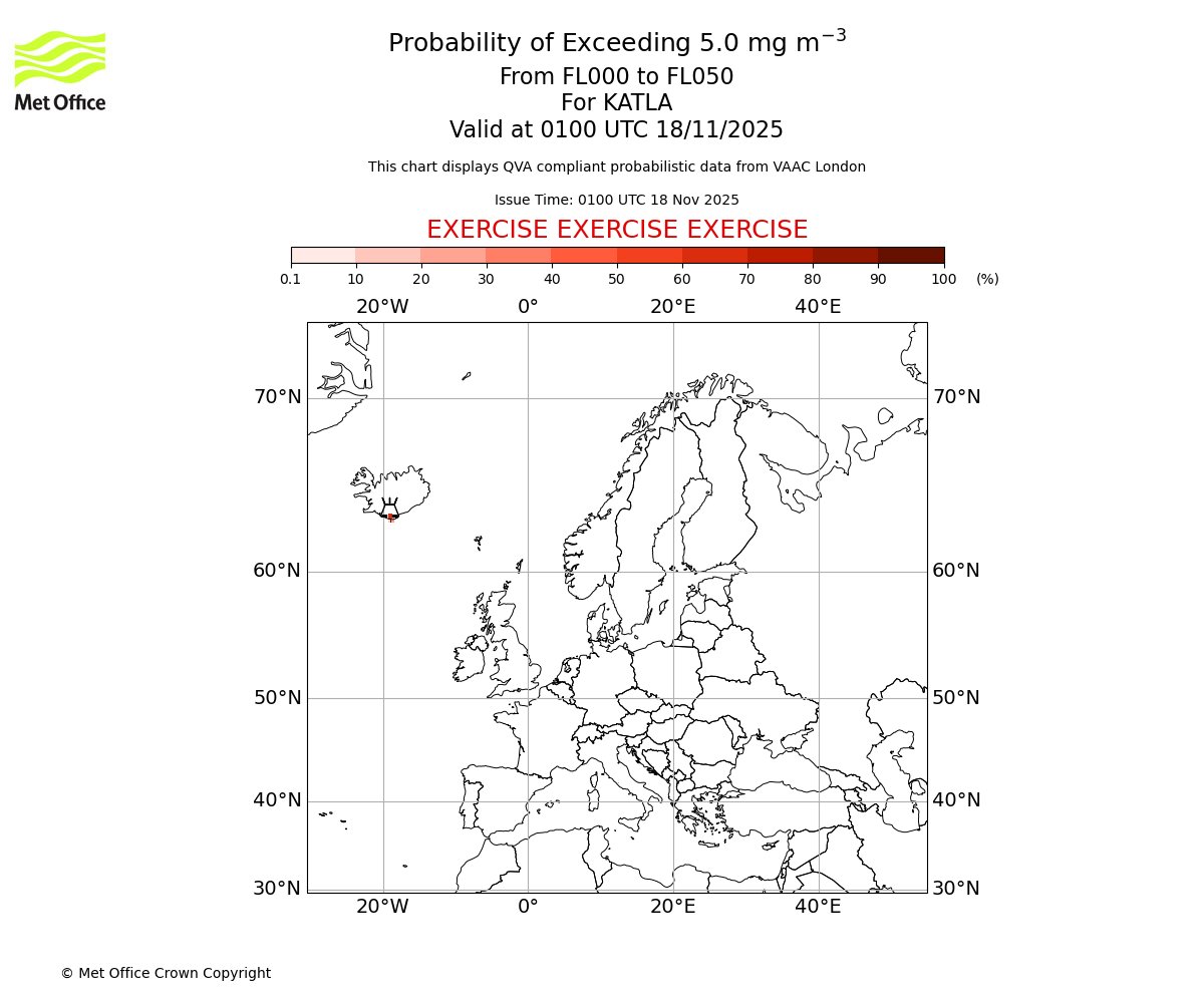 Probability of exceeding 5.0 milligrams per metre cubed. From 000 to 050 for KATLA. Valid at 0100 UTC 18/11/2025