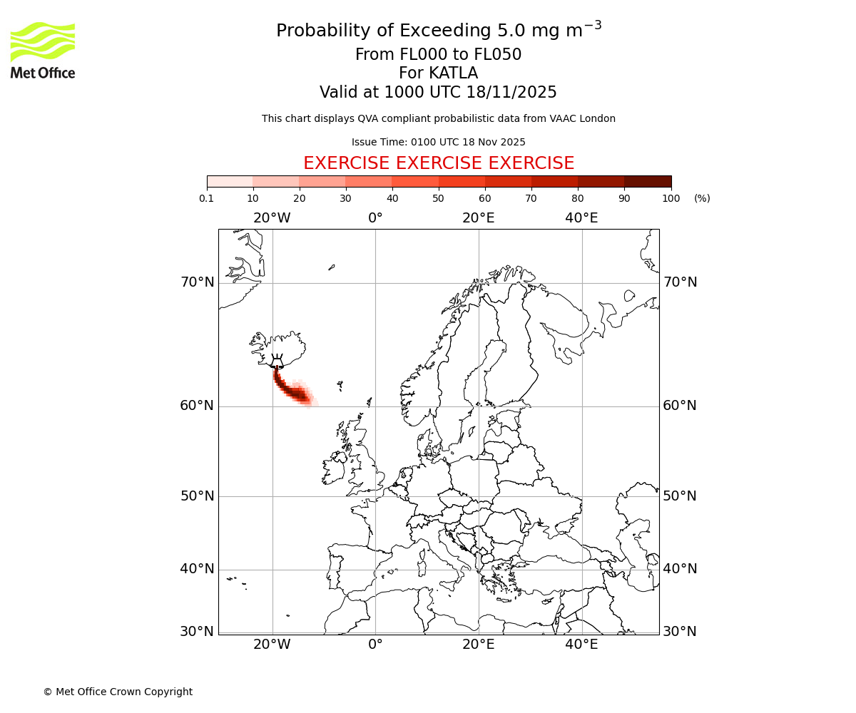 Probability of exceeding 5.0 milligrams per metre cubed. From 000 to 050 for KATLA. Valid at 1000 UTC 18/11/2025