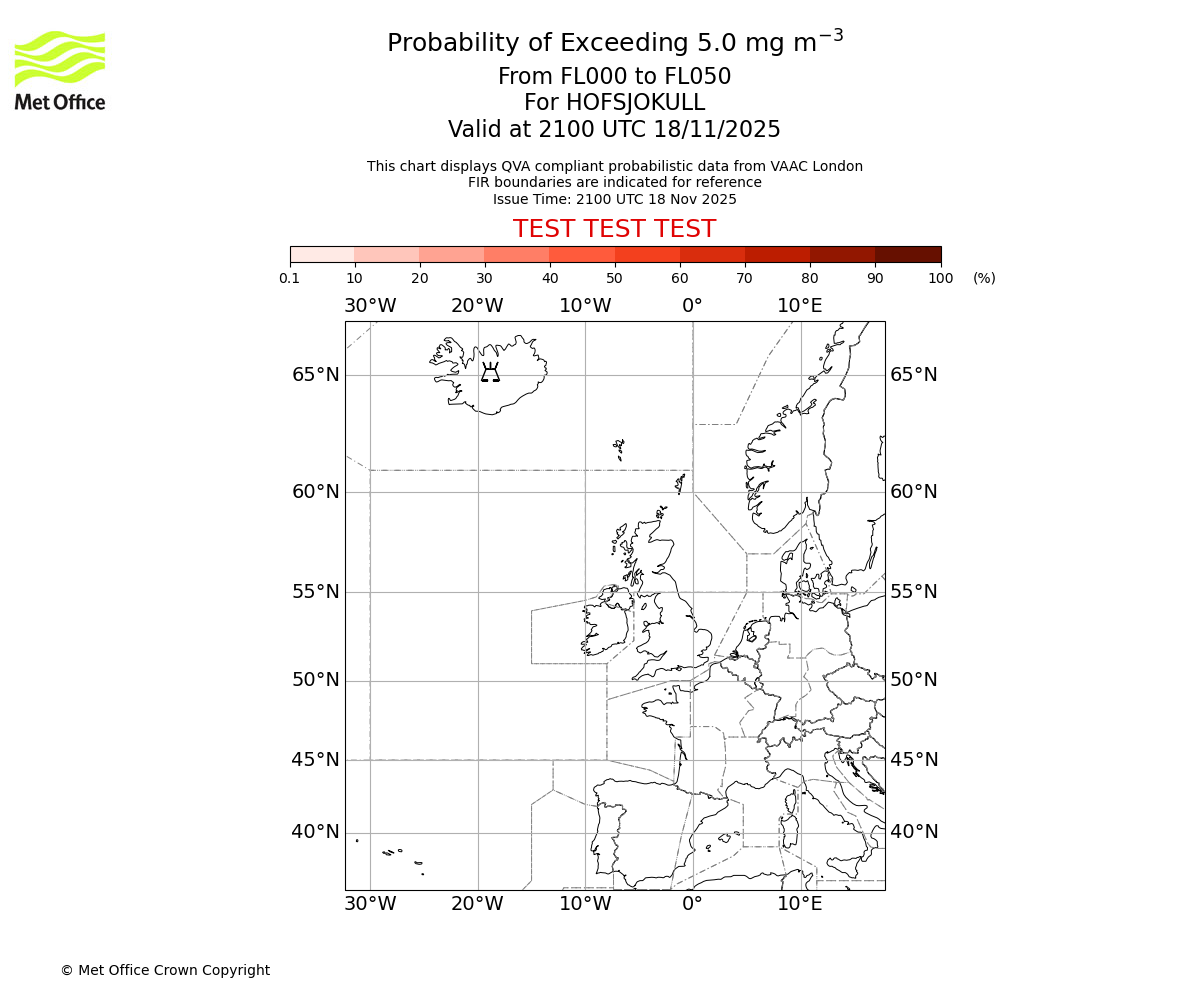 Probability of exceeding 5.0 milligrams per metre cubed. From 000 to 050 for HOFSJOKULL. Valid at 2100 UTC 18/11/2025