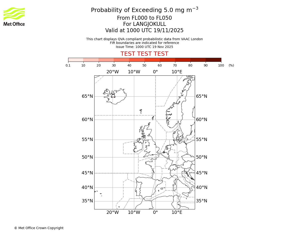 Probability of exceeding 5.0 milligrams per metre cubed. From 000 to 050 for LANGJOKULL. Valid at 1000 UTC 19/11/2025