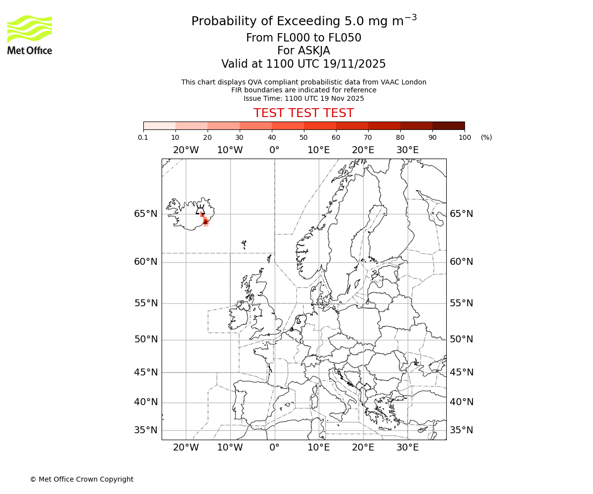 Probability of exceeding 5.0 milligrams per metre cubed. From 000 to 050 for ASKJA. Valid at 1100 UTC 19/11/2025