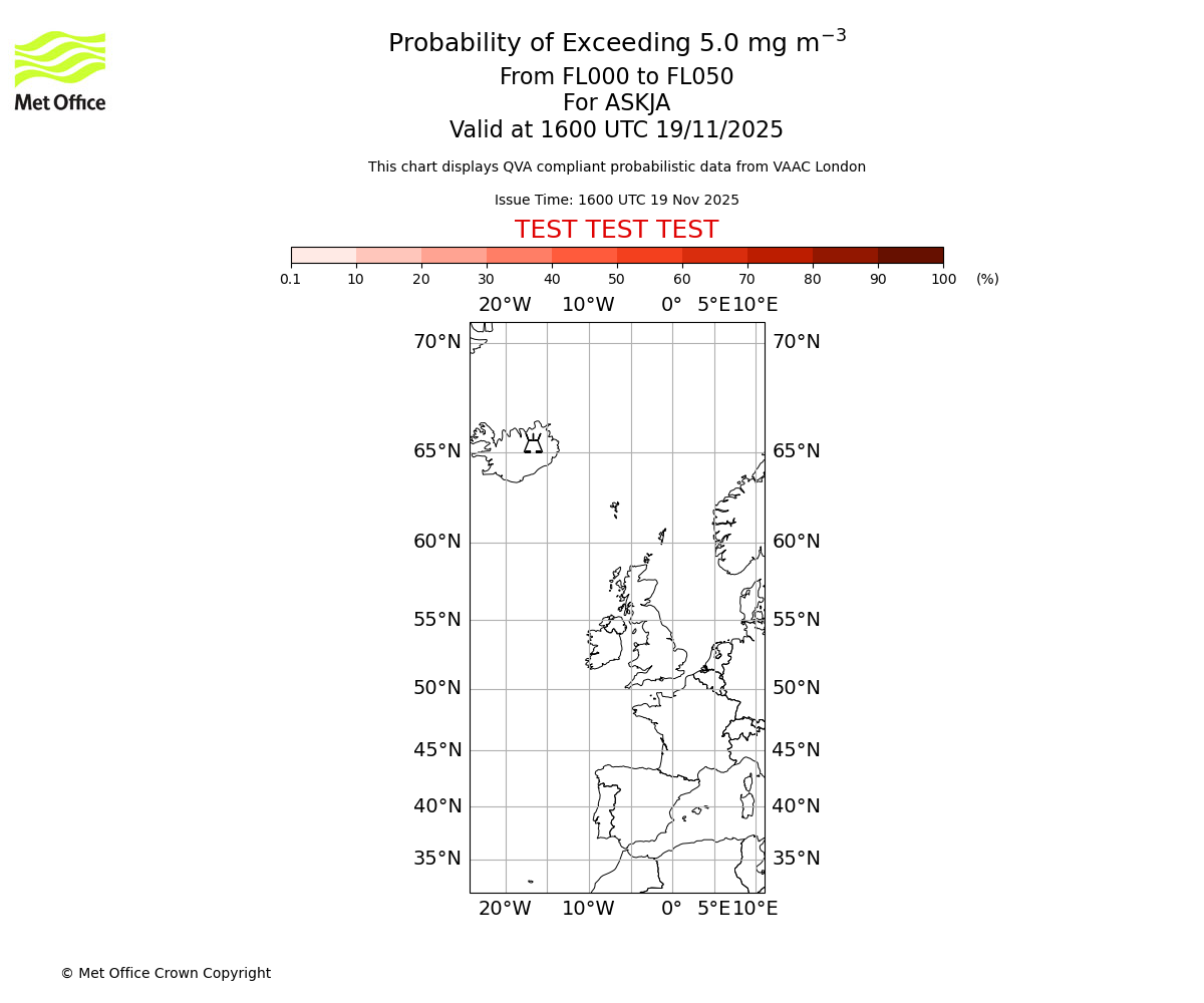 Probability of exceeding 5.0 milligrams per metre cubed. From 000 to 050 for ASKJA. Valid at 1600 UTC 19/11/2025