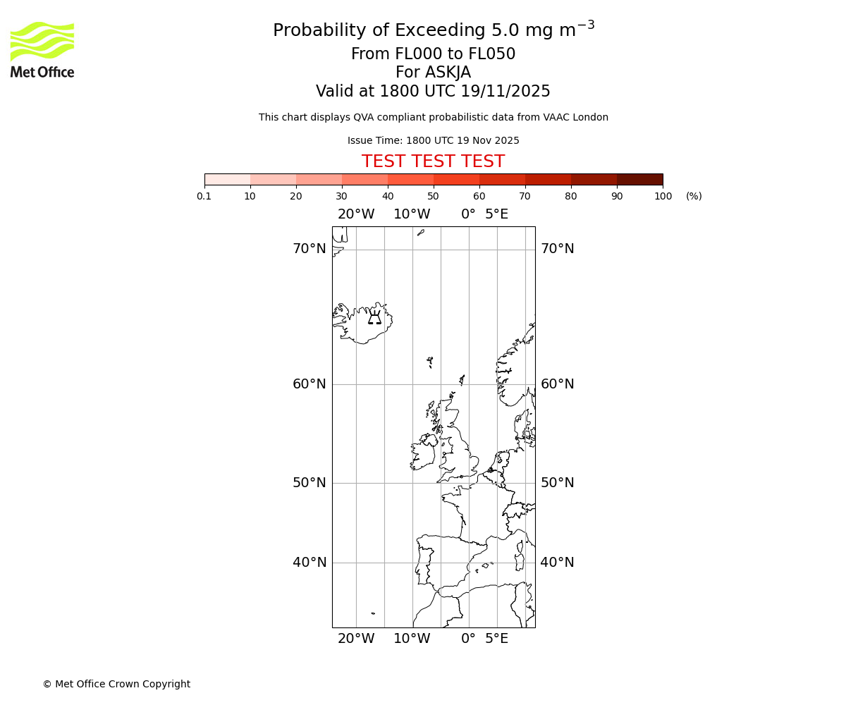 Probability of exceeding 5.0 milligrams per metre cubed. From 000 to 050 for ASKJA. Valid at 1800 UTC 19/11/2025