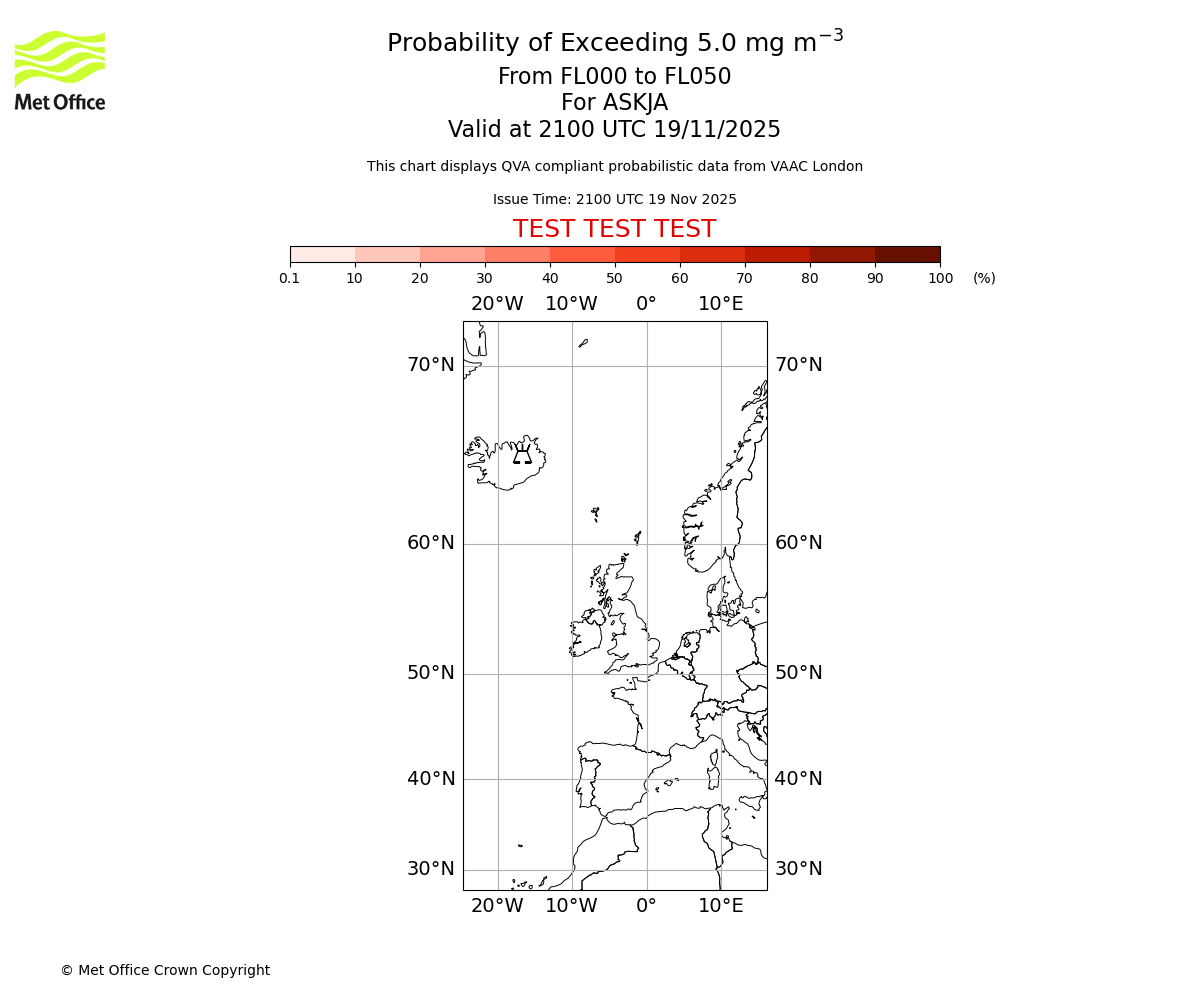 Probability of exceeding 5.0 milligrams per metre cubed. From 000 to 050 for ASKJA. Valid at 2100 UTC 19/11/2025