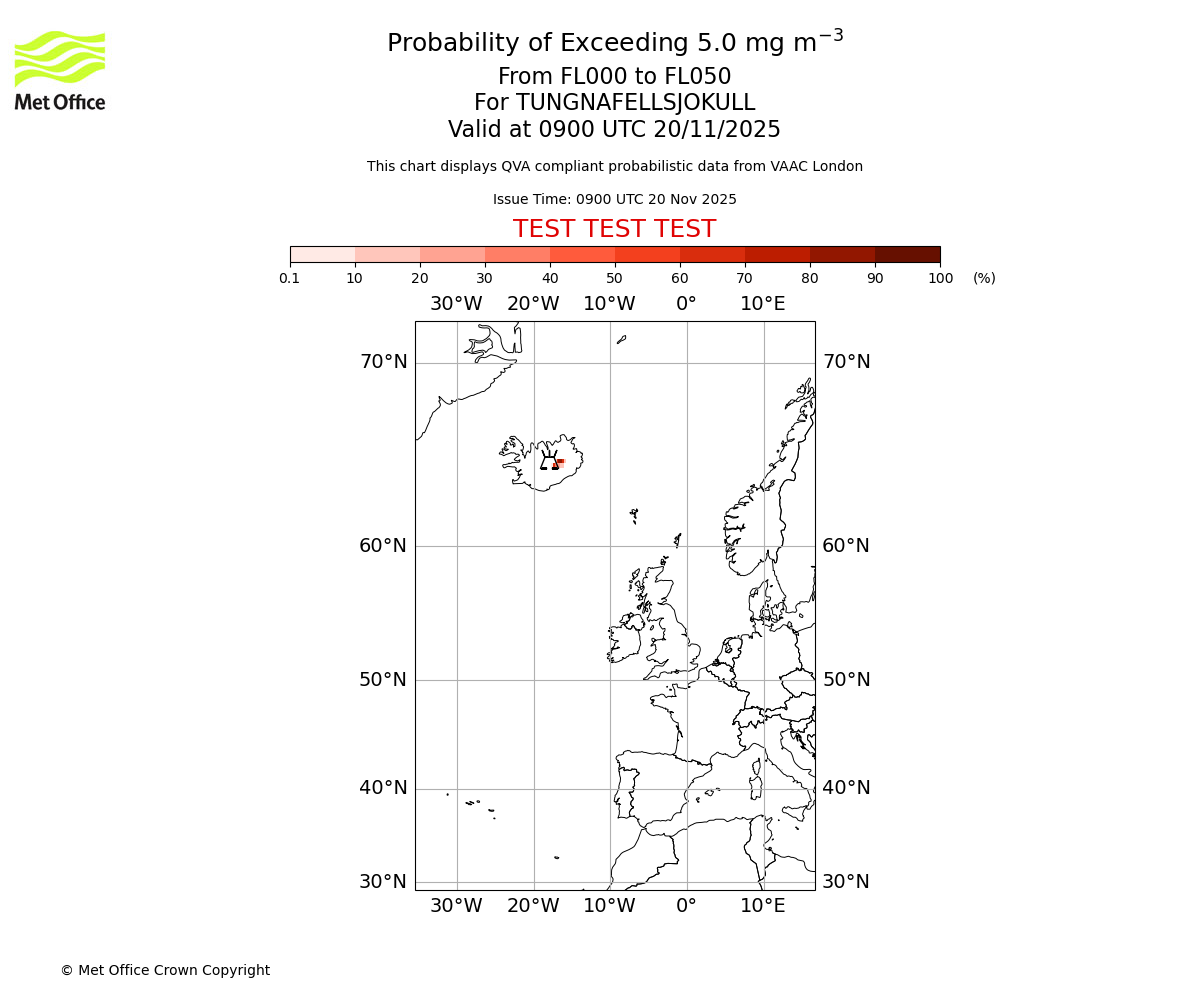 Probability of exceeding 5.0 milligrams per metre cubed. From 000 to 050 for TUNGNAFELLSJOKULL. Valid at 0900 UTC 20/11/2025