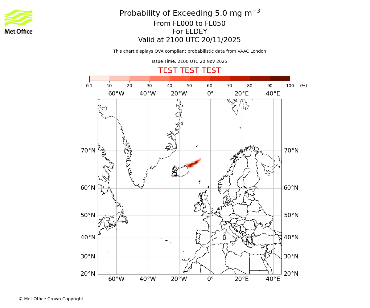 Probability of exceeding 5.0 milligrams per metre cubed. From 000 to 050 for ELDEY. Valid at 2100 UTC 20/11/2025