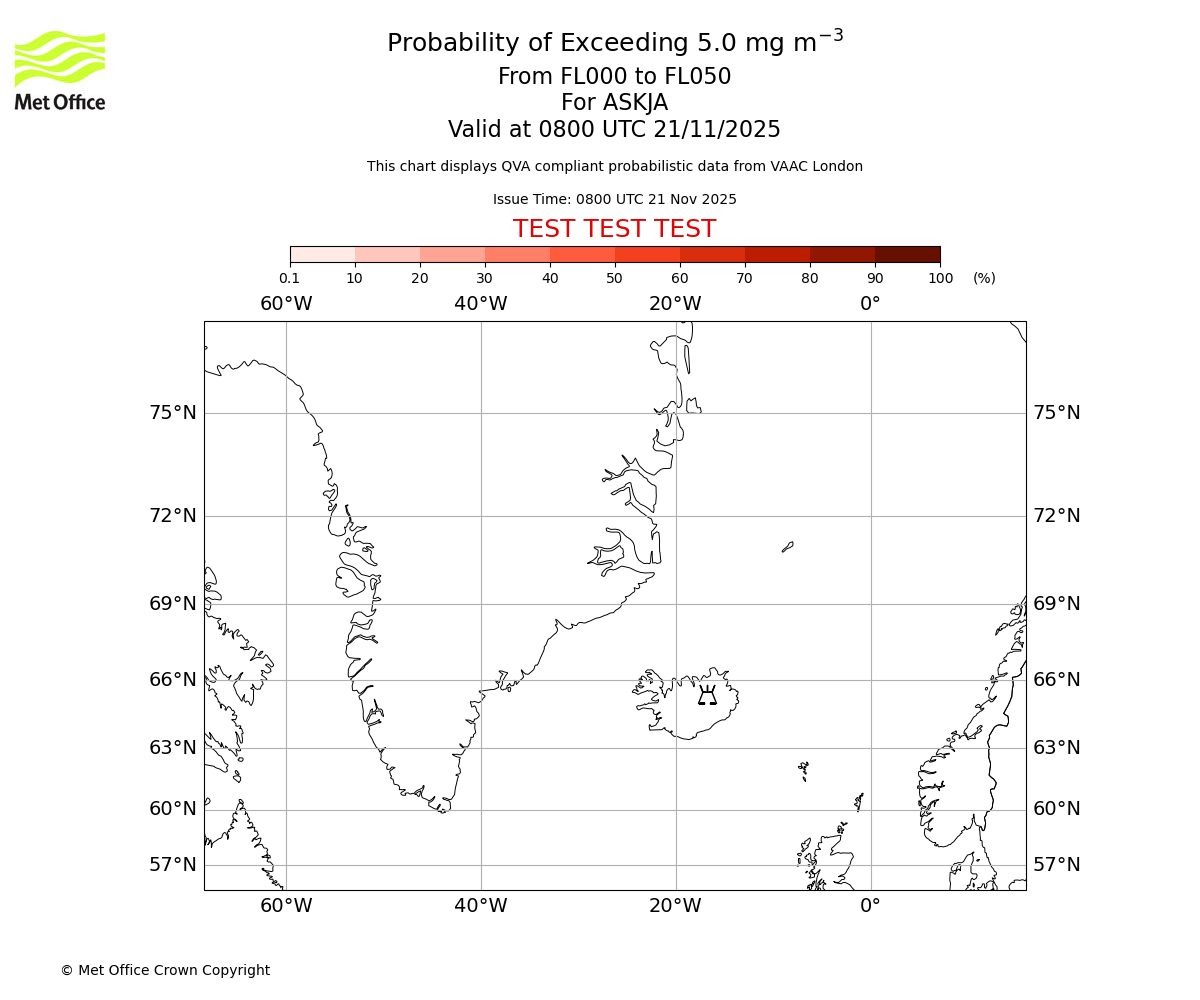 Probability of exceeding 5.0 milligrams per metre cubed. From 000 to 050 for ASKJA. Valid at 0800 UTC 21/11/2025