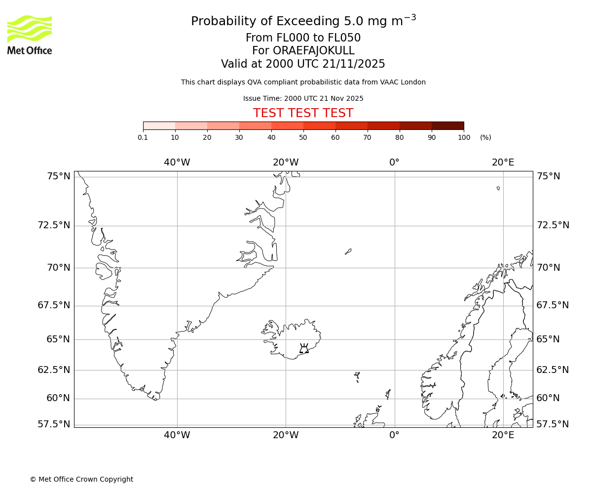Probability of exceeding 5.0 milligrams per metre cubed. From 000 to 050 for ORAEFAJOKULL. Valid at 2000 UTC 21/11/2025