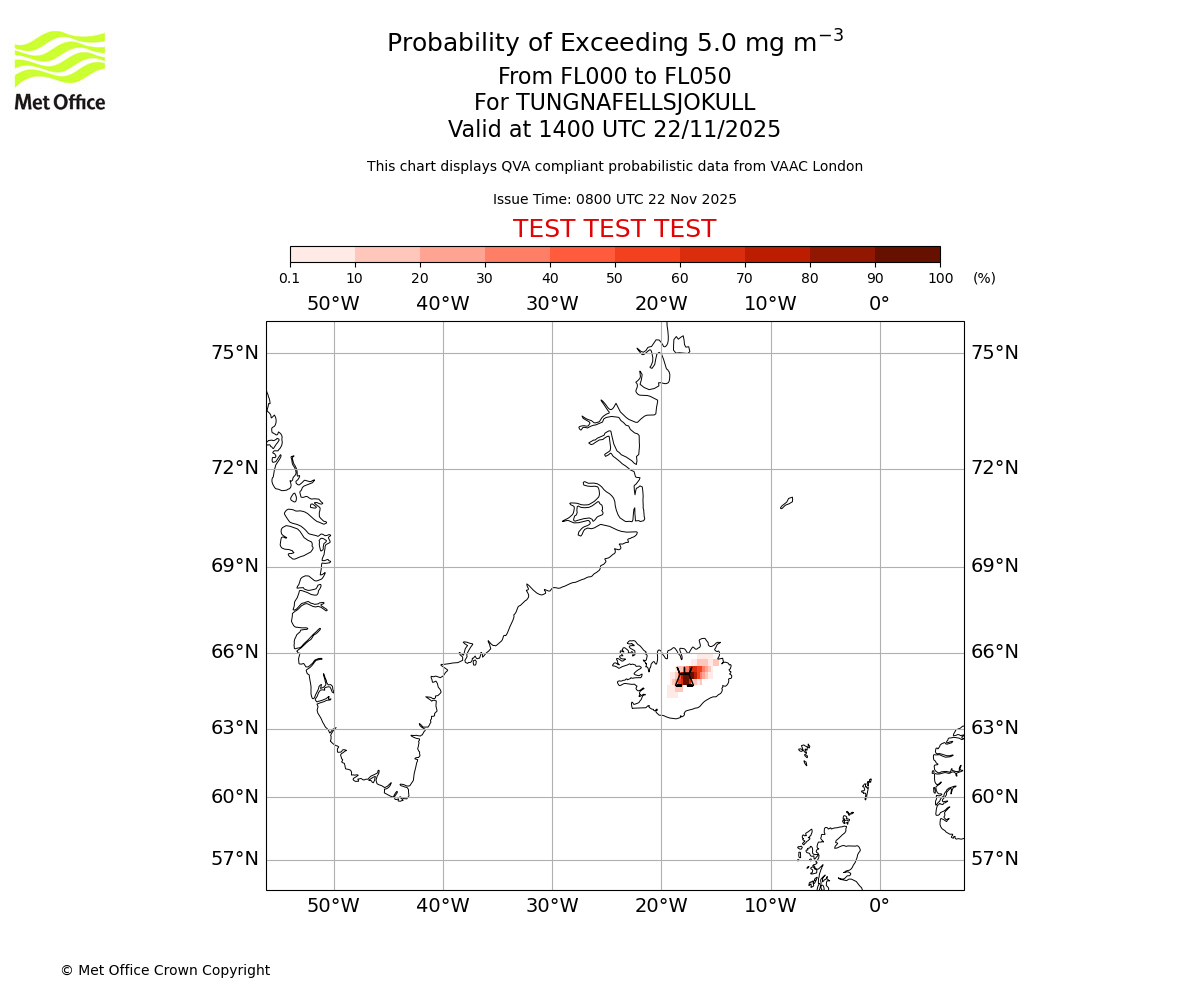 Probability of exceeding 5.0 milligrams per metre cubed. From 000 to 050 for TUNGNAFELLSJOKULL. Valid at 1400 UTC 22/11/2025