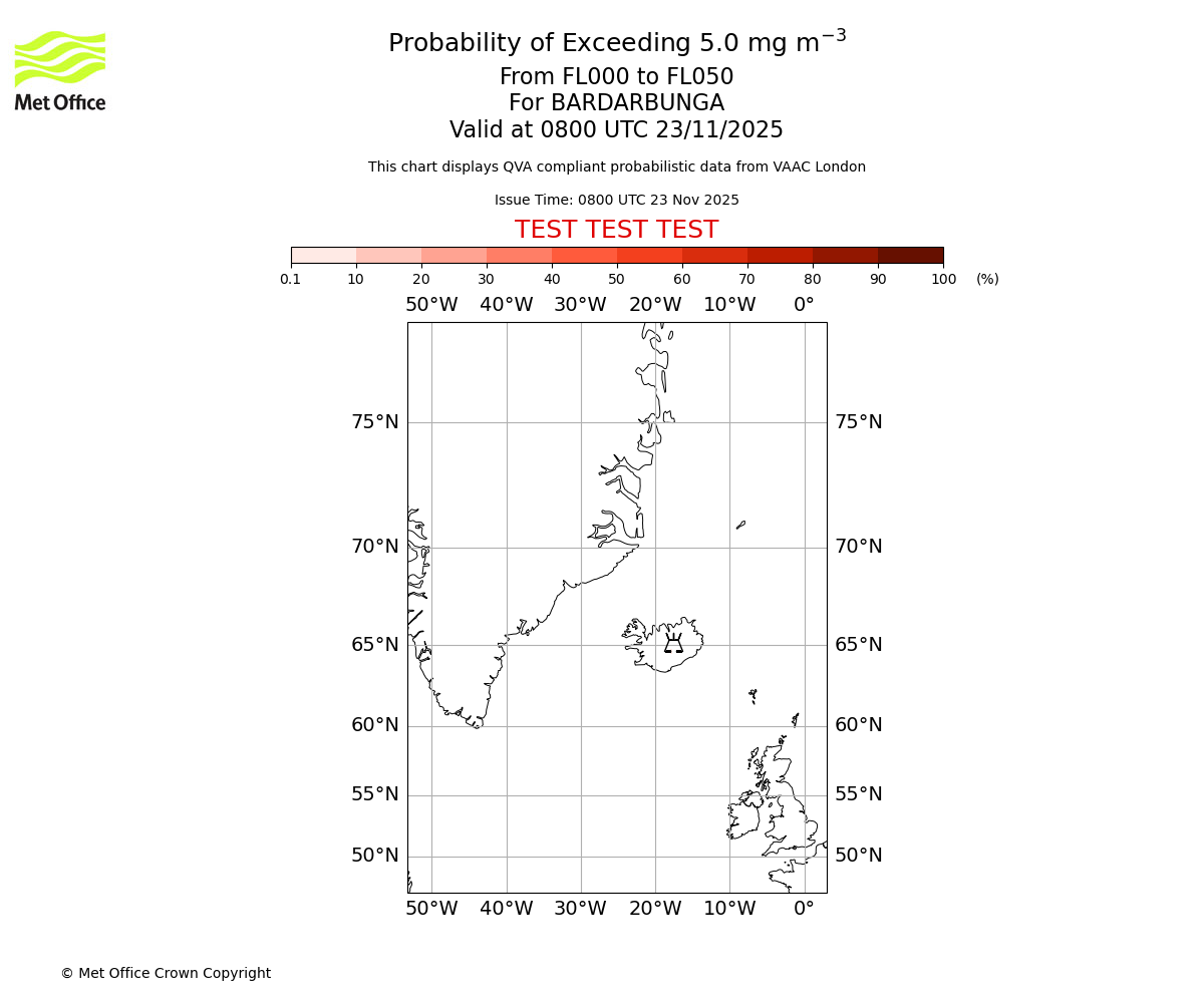 Probability of exceeding 5.0 milligrams per metre cubed. From 000 to 050 for BARDARBUNGA. Valid at 0800 UTC 23/11/2025