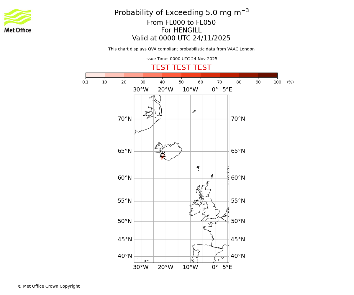 Probability of exceeding 5.0 milligrams per metre cubed. From 000 to 050 for HENGILL. Valid at 0000 UTC 24/11/2025