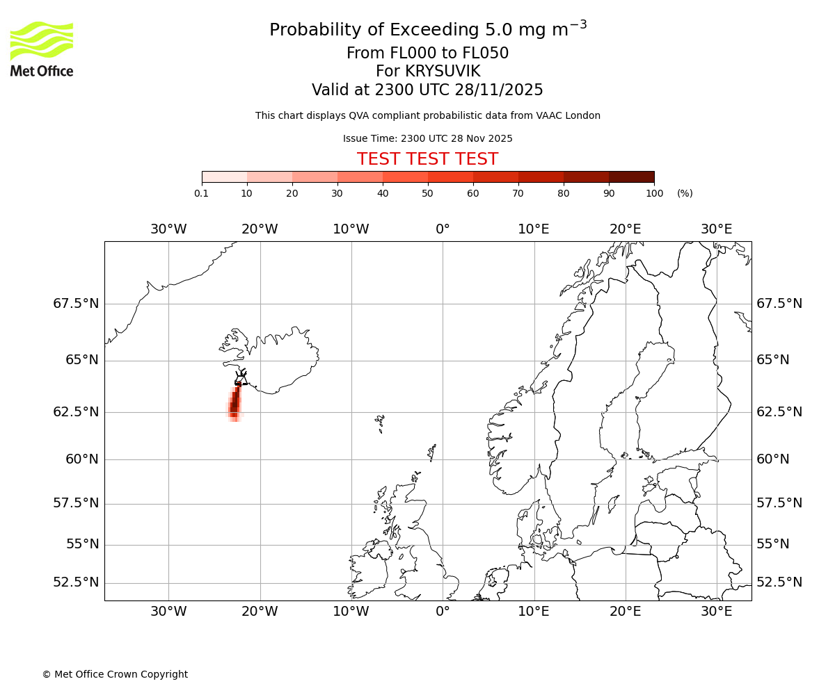 Probability of exceeding 5.0 milligrams per metre cubed. From 000 to 050 for KRYSUVIK. Valid at 2300 UTC 28/11/2025