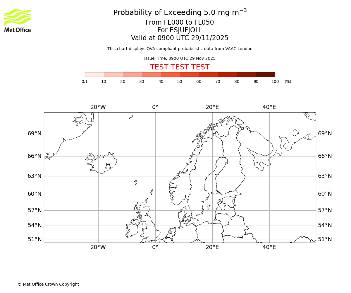 Probability of exceeding 5.0 milligrams per metre cubed. From 000 to 050 for ESJUFJOLL. Valid at 0900 UTC 29/11/2025