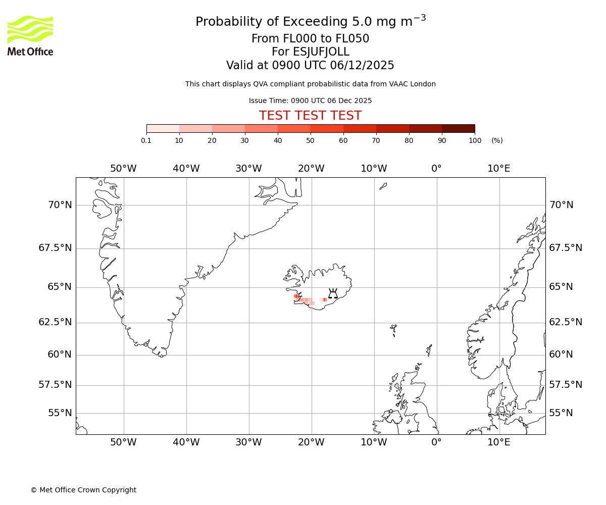 Probability of exceeding 5.0 milligrams per metre cubed. From 000 to 050 for ESJUFJOLL. Valid at 0900 UTC 06/12/2025