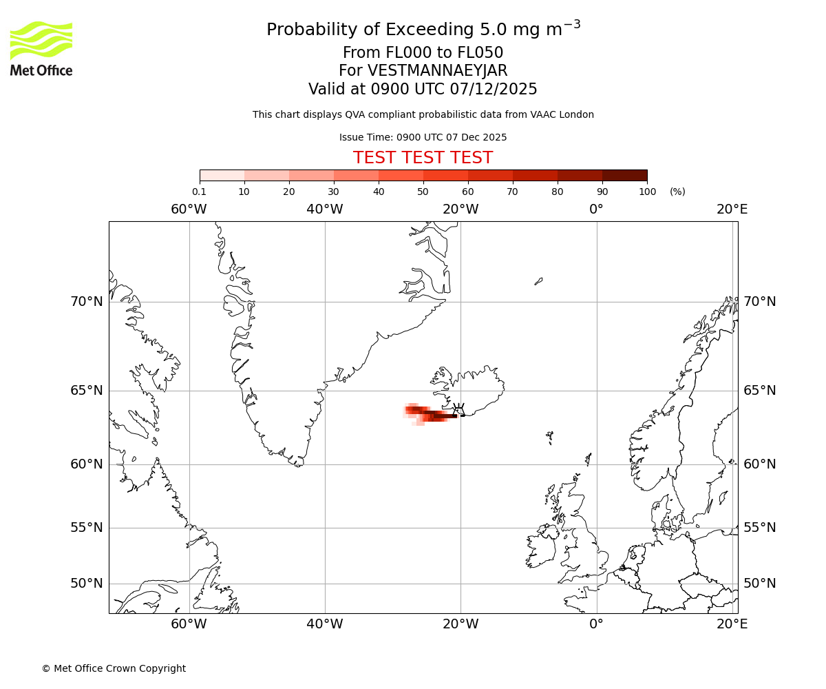 Probability of exceeding 5.0 milligrams per metre cubed. From 000 to 050 for VESTMANNAEYJAR. Valid at 0900 UTC 07/12/2025