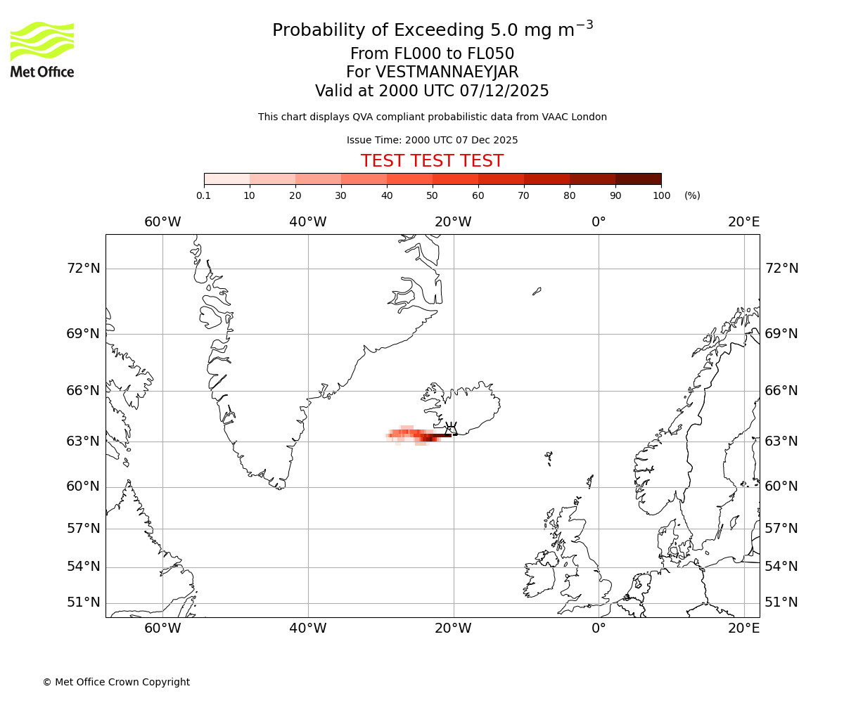 Probability of exceeding 5.0 milligrams per metre cubed. From 000 to 050 for VESTMANNAEYJAR. Valid at 2000 UTC 07/12/2025