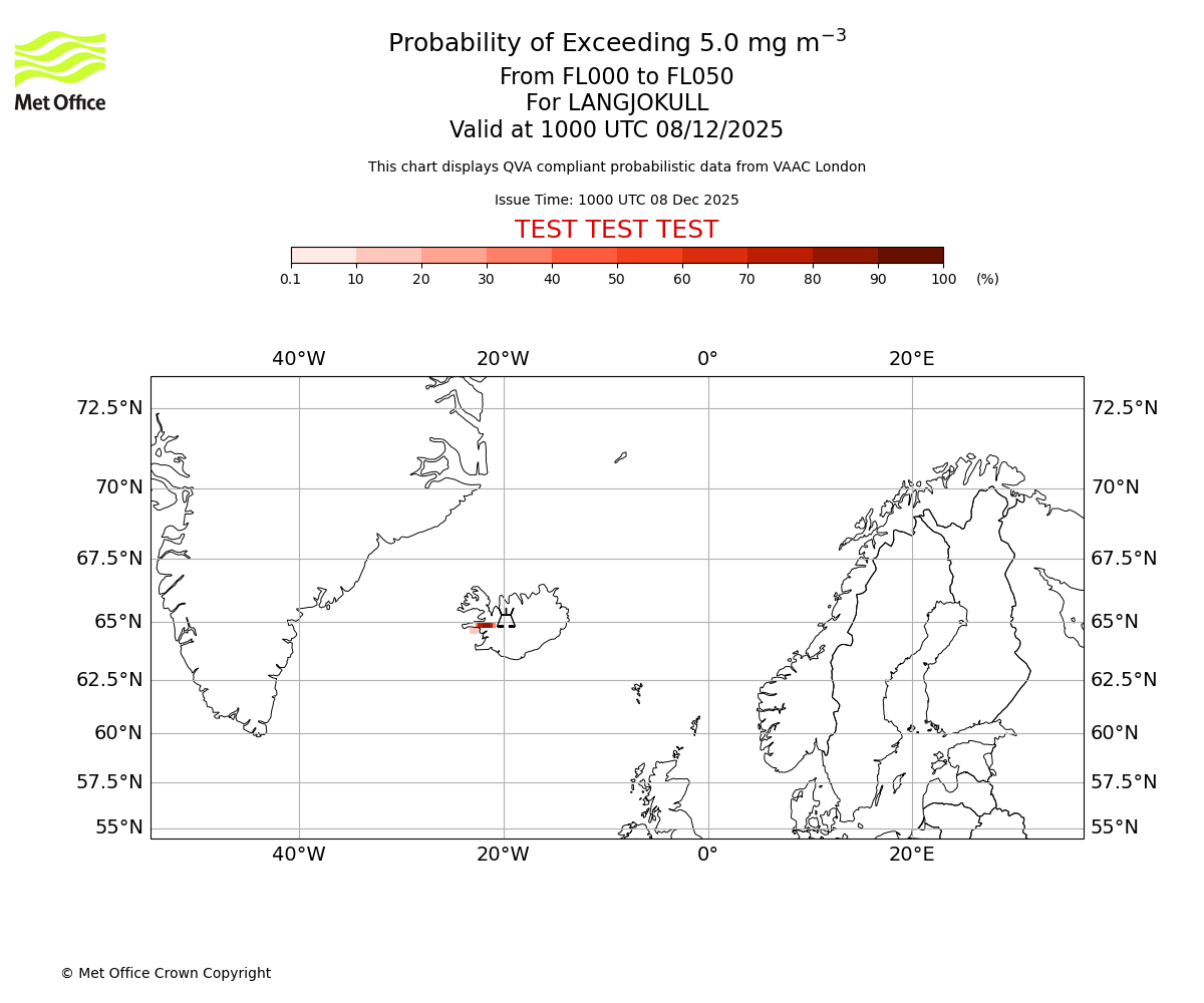 Probability of exceeding 5.0 milligrams per metre cubed. From 000 to 050 for LANGJOKULL. Valid at 1000 UTC 08/12/2025