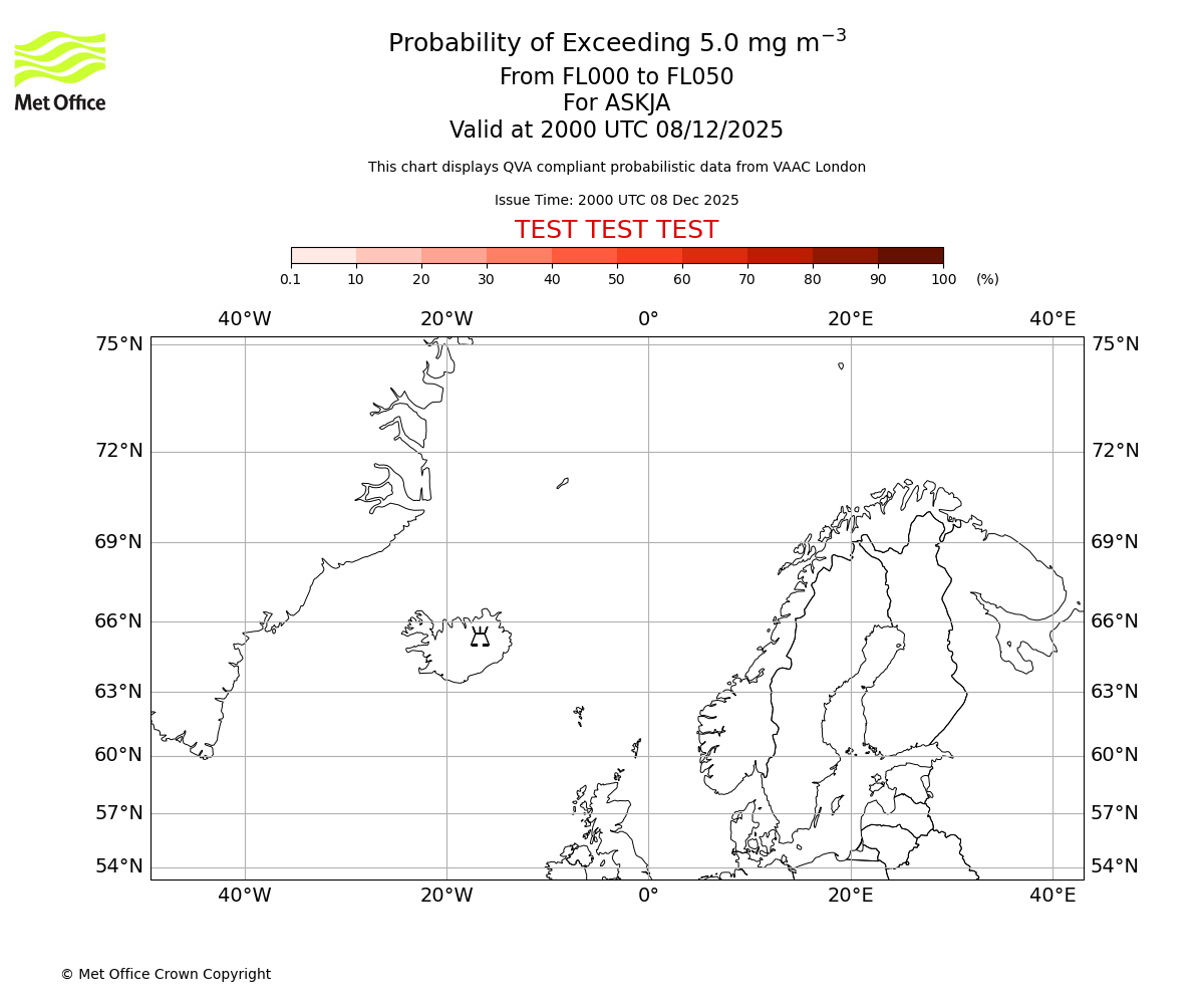 Probability of exceeding 5.0 milligrams per metre cubed. From 000 to 050 for ASKJA. Valid at 2000 UTC 08/12/2025