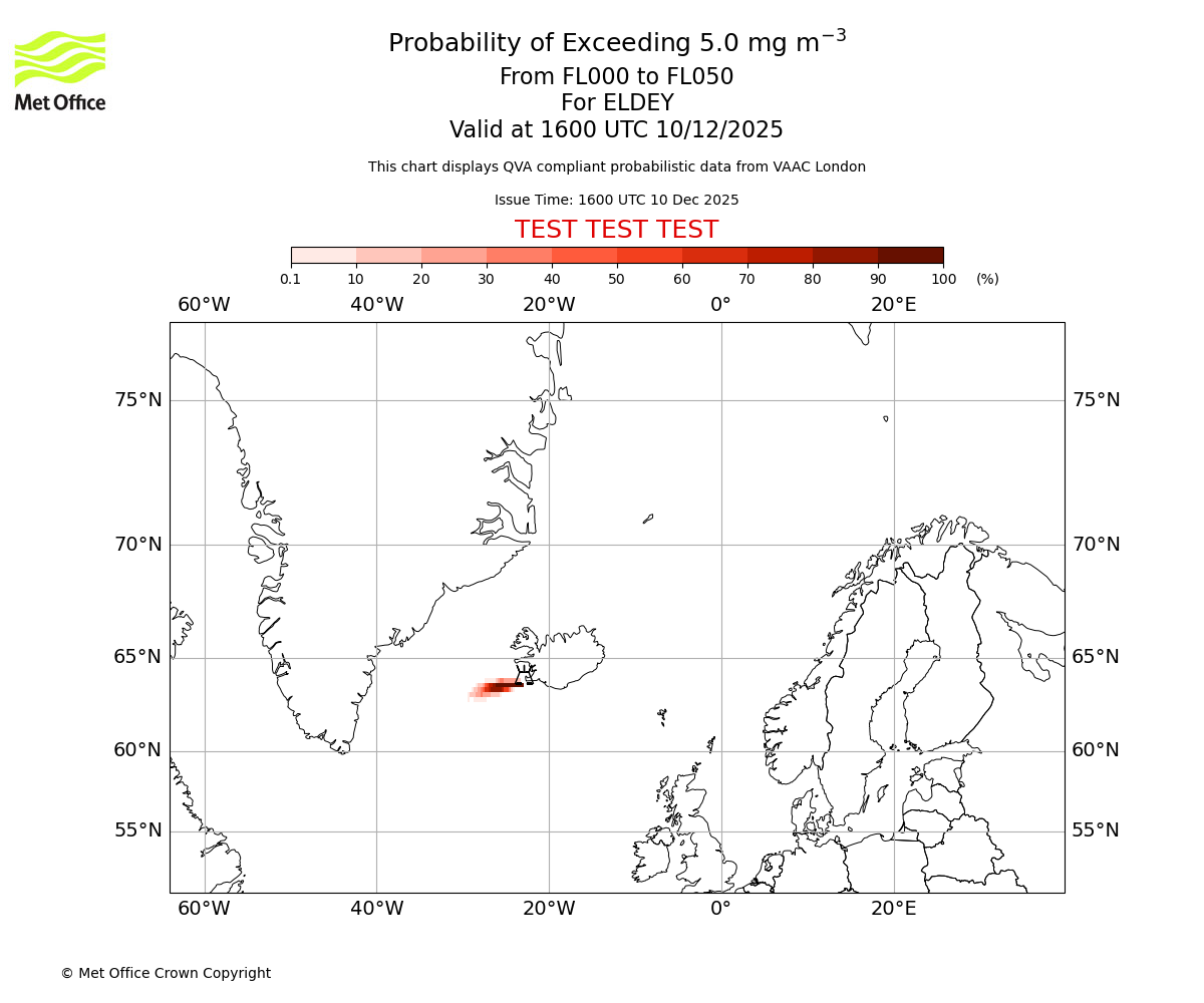 Probability of exceeding 5.0 milligrams per metre cubed. From 000 to 050 for ELDEY. Valid at 1600 UTC 10/12/2025