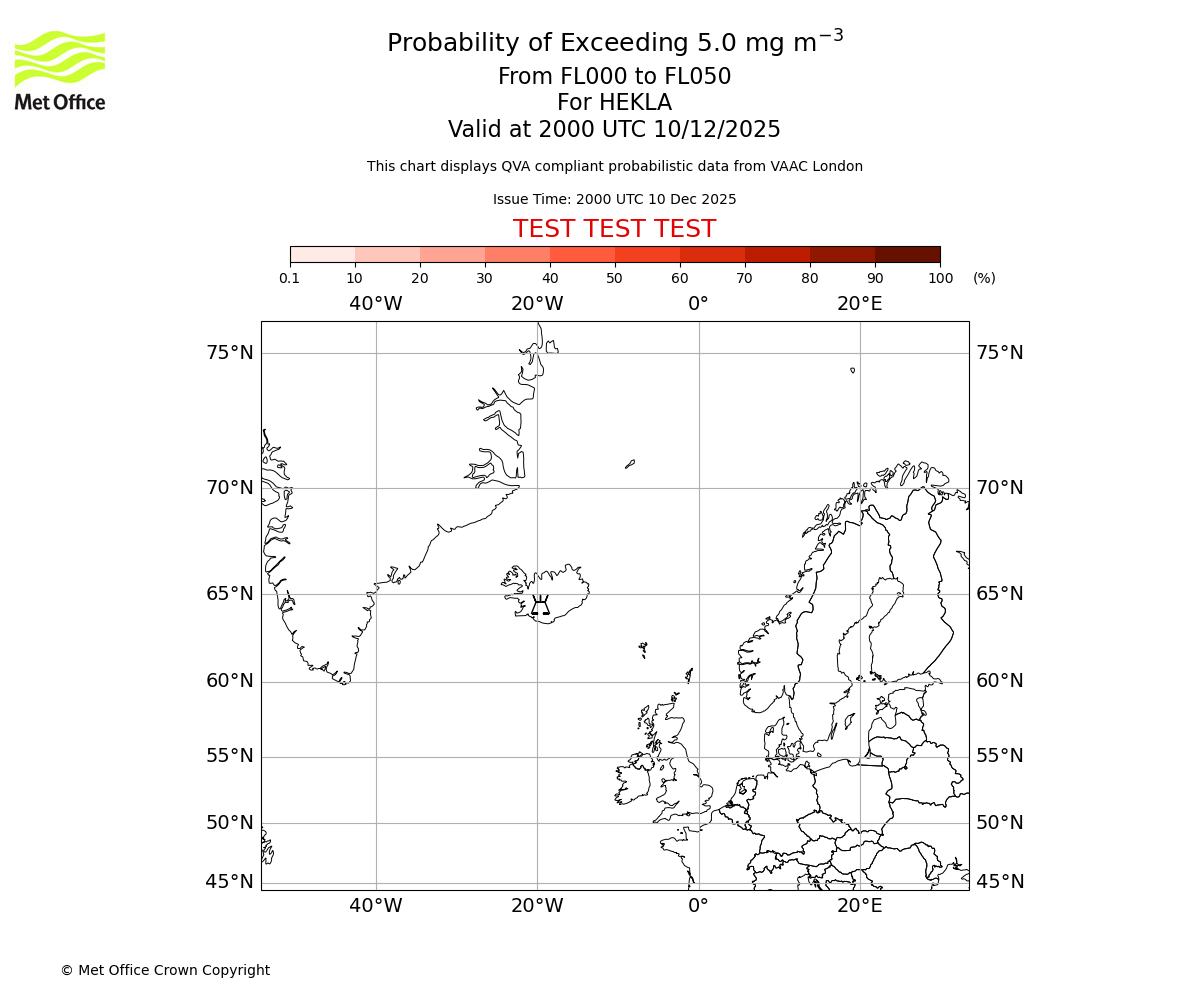 Probability of exceeding 5.0 milligrams per metre cubed. From 000 to 050 for HEKLA. Valid at 2000 UTC 10/12/2025