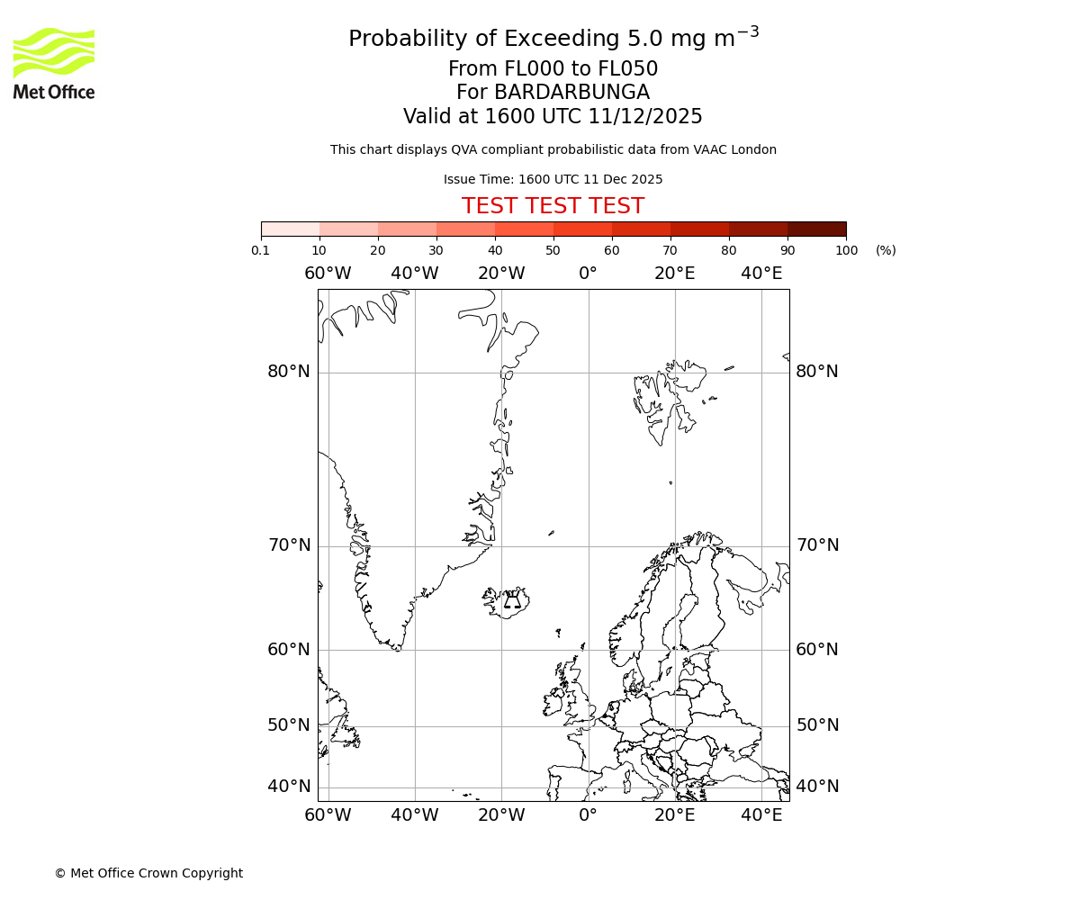 Probability of exceeding 5.0 milligrams per metre cubed. From 000 to 050 for BARDARBUNGA. Valid at 1600 UTC 11/12/2025