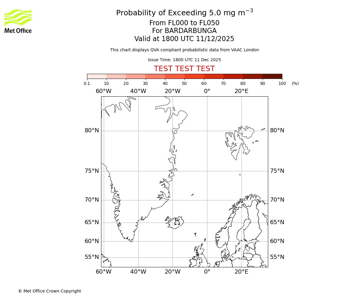 Probability of exceeding 5.0 milligrams per metre cubed. From 000 to 050 for BARDARBUNGA. Valid at 1800 UTC 11/12/2025