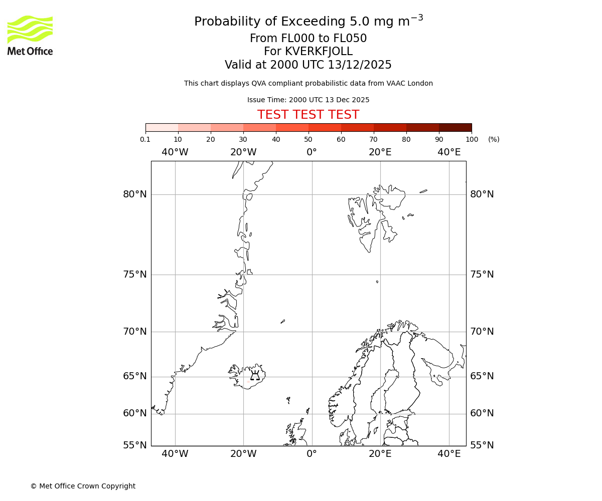 Probability of exceeding 5.0 milligrams per metre cubed. From 000 to 050 for KVERKFJOLL. Valid at 2000 UTC 13/12/2025