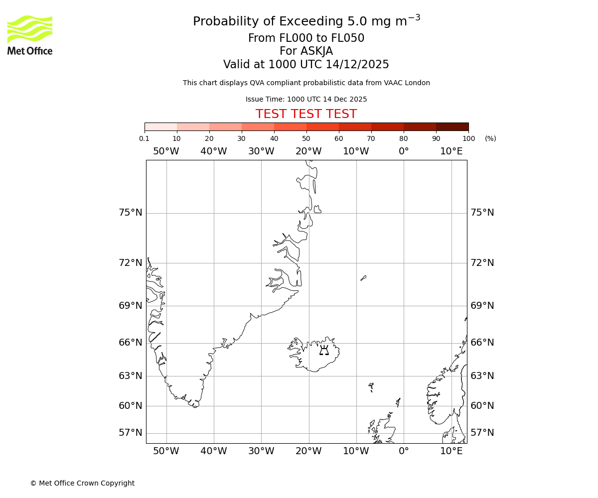 Probability of exceeding 5.0 milligrams per metre cubed. From 000 to 050 for ASKJA. Valid at 1000 UTC 14/12/2025