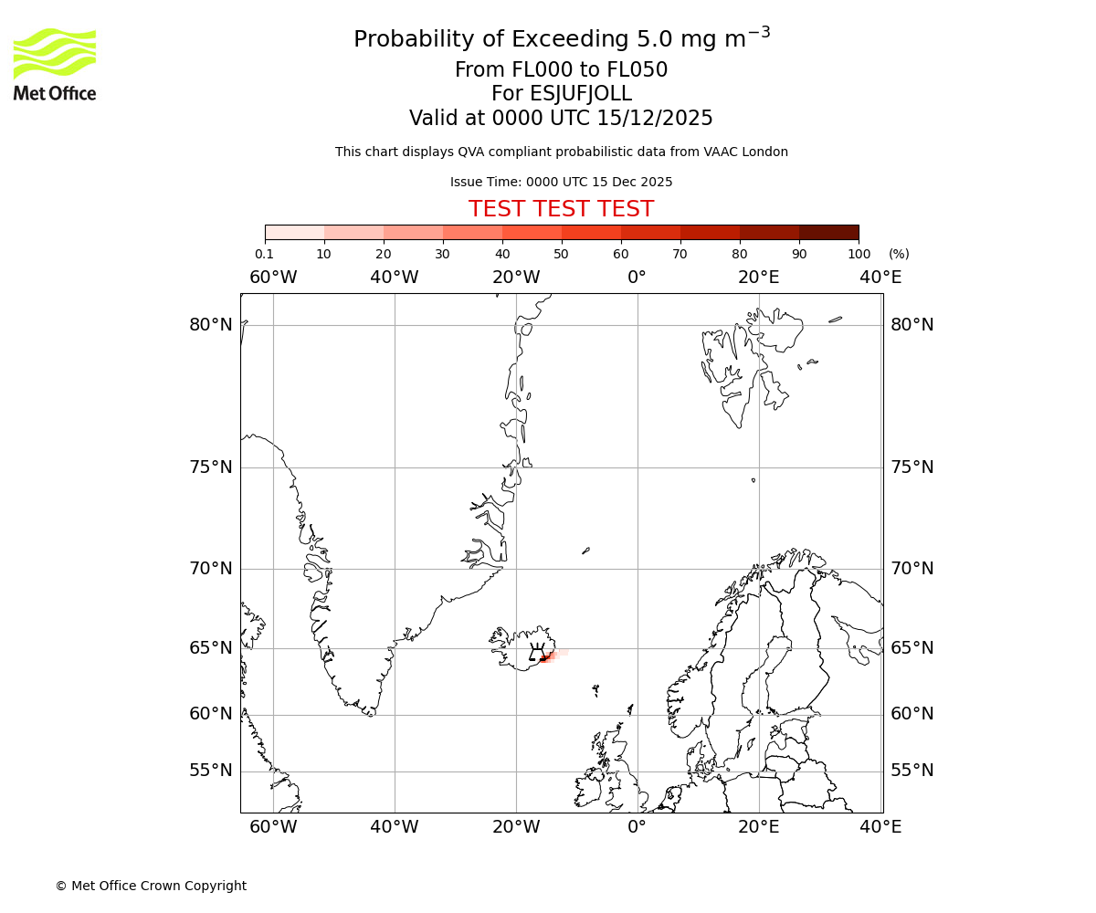 Probability of exceeding 5.0 milligrams per metre cubed. From 000 to 050 for ESJUFJOLL. Valid at 0000 UTC 15/12/2025