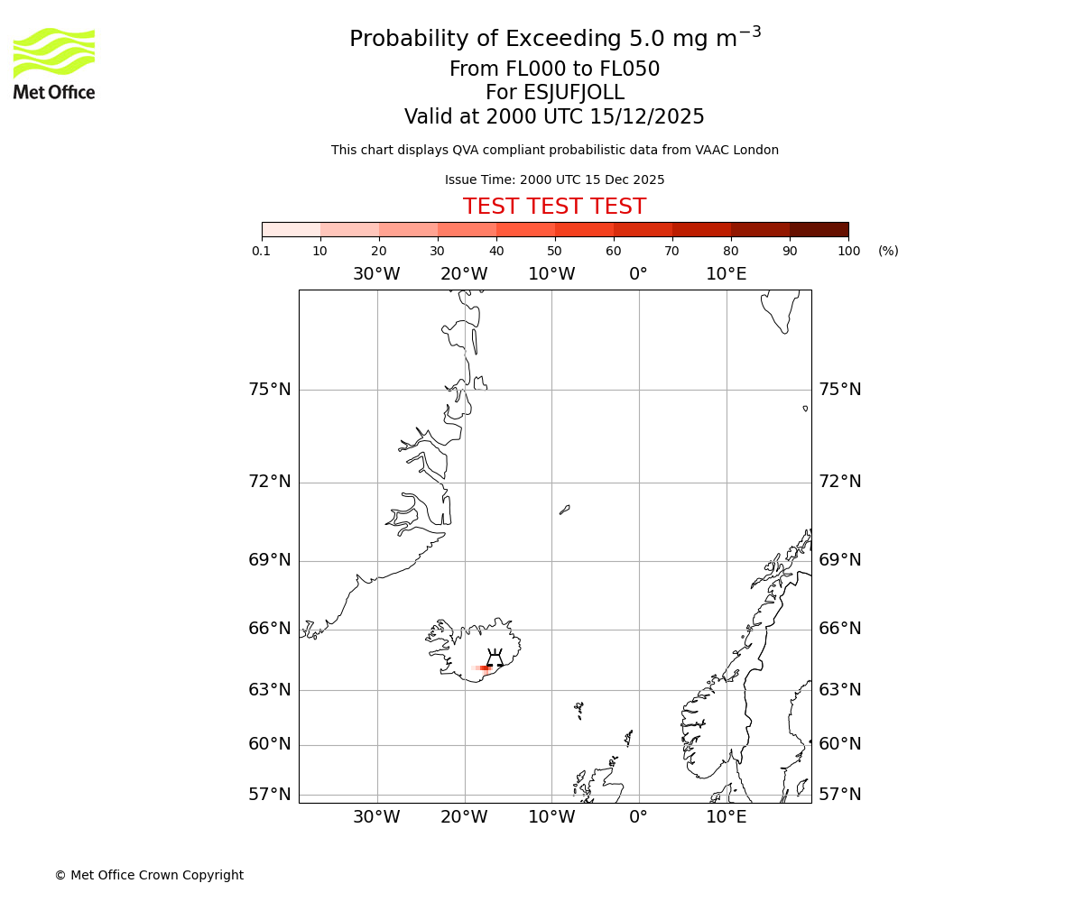Probability of exceeding 5.0 milligrams per metre cubed. From 000 to 050 for ESJUFJOLL. Valid at 2000 UTC 15/12/2025