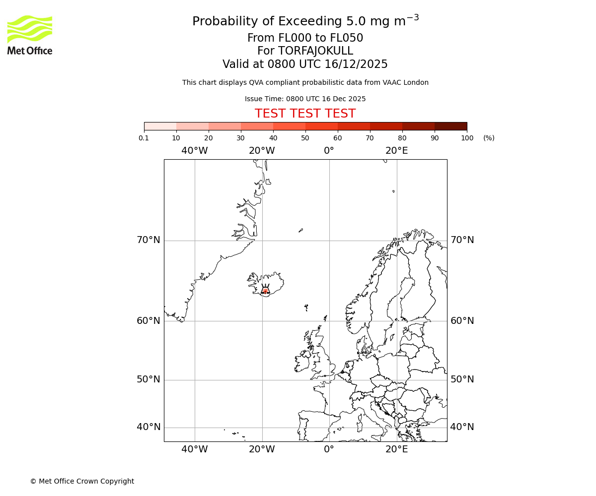 Probability of exceeding 5.0 milligrams per metre cubed. From 000 to 050 for TORFAJOKULL. Valid at 0800 UTC 16/12/2025