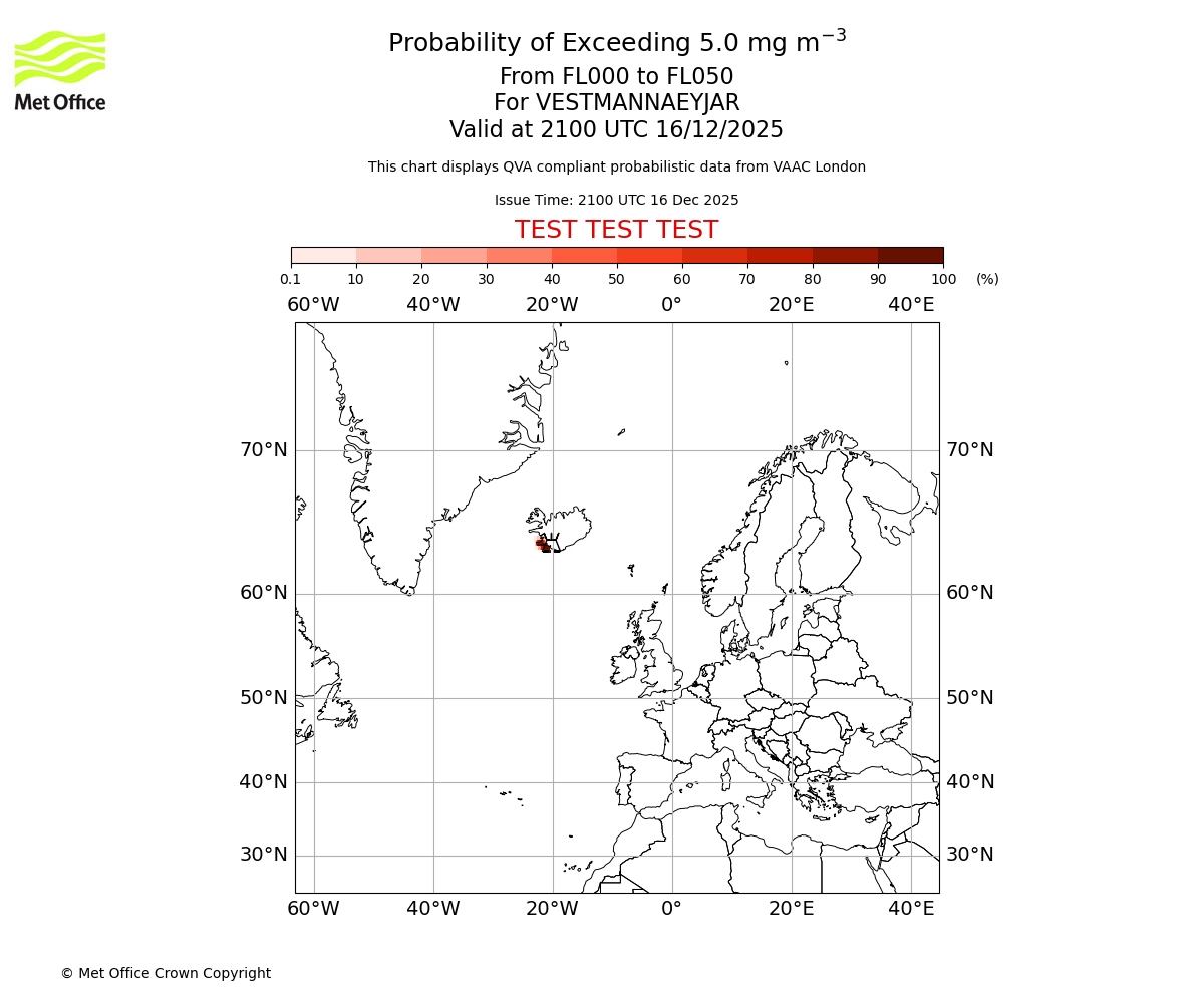 Probability of exceeding 5.0 milligrams per metre cubed. From 000 to 050 for VESTMANNAEYJAR. Valid at 2100 UTC 16/12/2025