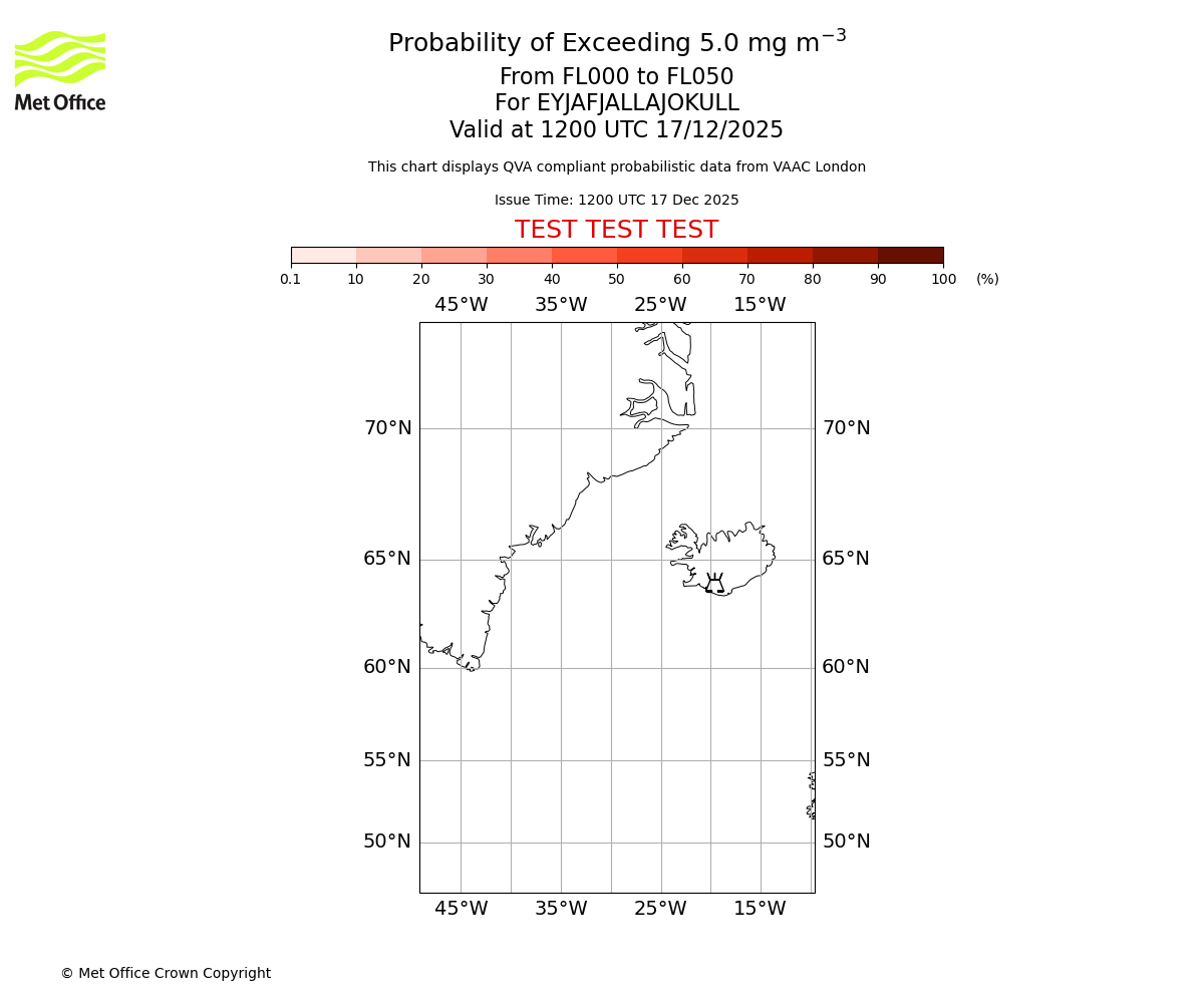 Probability of exceeding 5.0 milligrams per metre cubed. From 000 to 050 for EYJAFJALLAJOKULL. Valid at 1200 UTC 17/12/2025