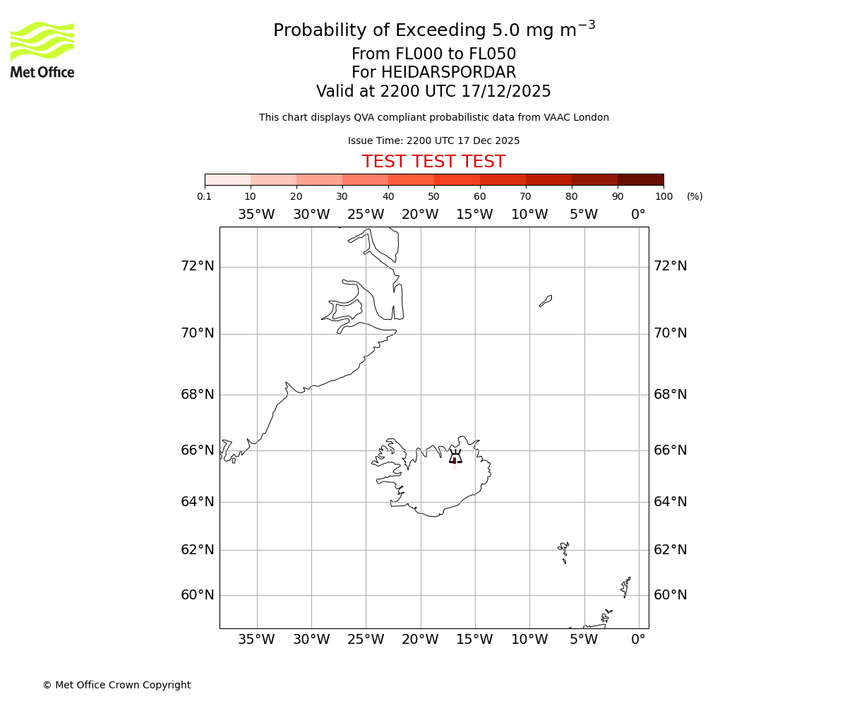 Probability of exceeding 5.0 milligrams per metre cubed. From 000 to 050 for HEIDARSPORDAR. Valid at 2200 UTC 17/12/2025