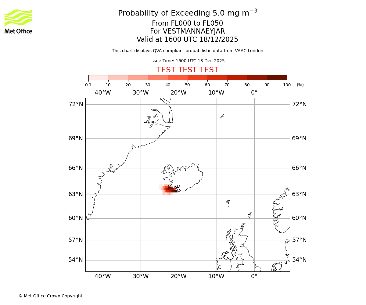 Probability of exceeding 5.0 milligrams per metre cubed. From 000 to 050 for VESTMANNAEYJAR. Valid at 1600 UTC 18/12/2025