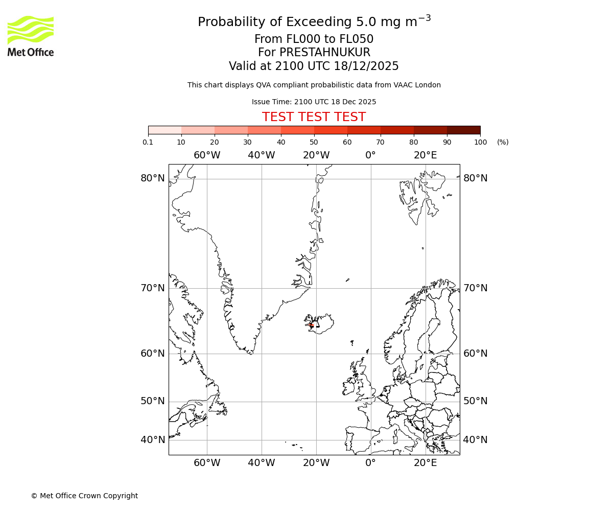 Probability of exceeding 5.0 milligrams per metre cubed. From 000 to 050 for PRESTAHNUKUR. Valid at 2100 UTC 18/12/2025