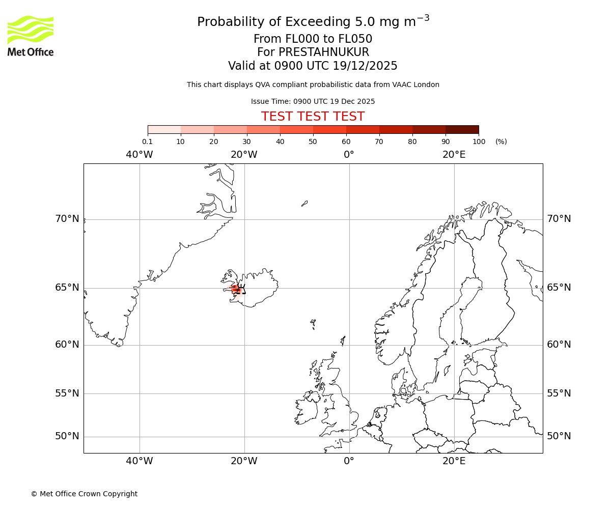 Probability of exceeding 5.0 milligrams per metre cubed. From 000 to 050 for PRESTAHNUKUR. Valid at 0900 UTC 19/12/2025