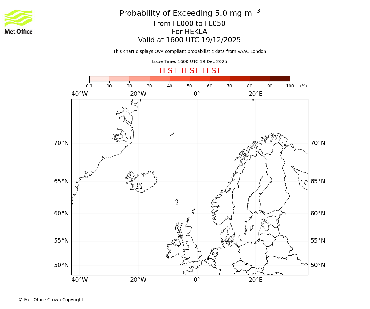 Probability of exceeding 5.0 milligrams per metre cubed. From 000 to 050 for HEKLA. Valid at 1600 UTC 19/12/2025