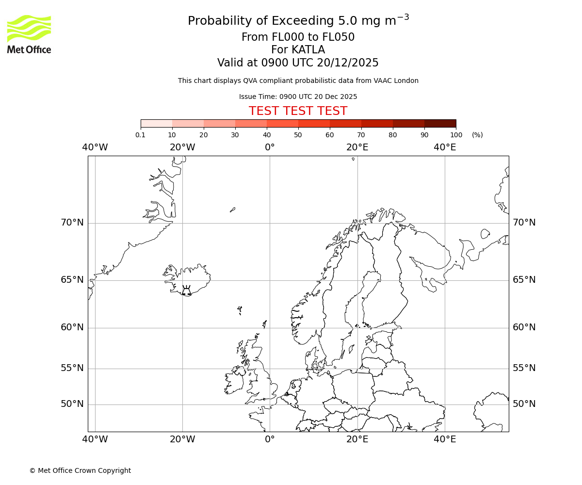 Probability of exceeding 5.0 milligrams per metre cubed. From 000 to 050 for KATLA. Valid at 0900 UTC 20/12/2025
