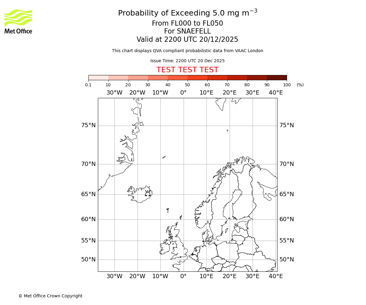 Probability of exceeding 5.0 milligrams per metre cubed. From 000 to 050 for SNAEFELL. Valid at 2200 UTC 20/12/2025
