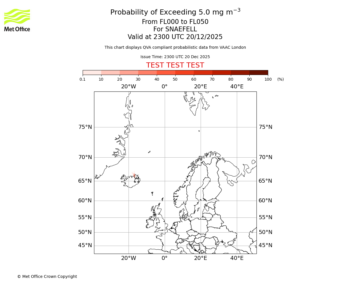 Probability of exceeding 5.0 milligrams per metre cubed. From 000 to 050 for SNAEFELL. Valid at 2300 UTC 20/12/2025