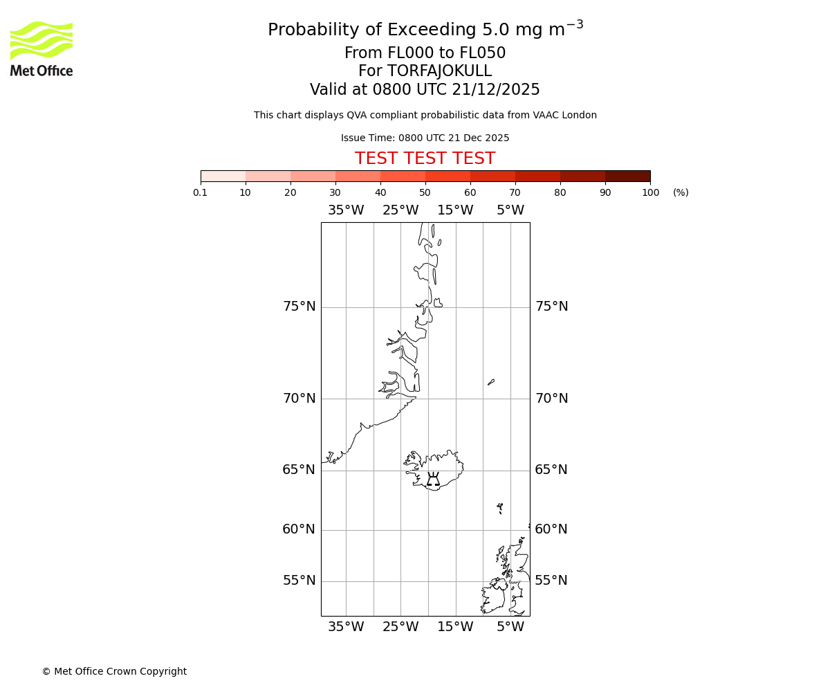 Probability of exceeding 5.0 milligrams per metre cubed. From 000 to 050 for TORFAJOKULL. Valid at 0800 UTC 21/12/2025