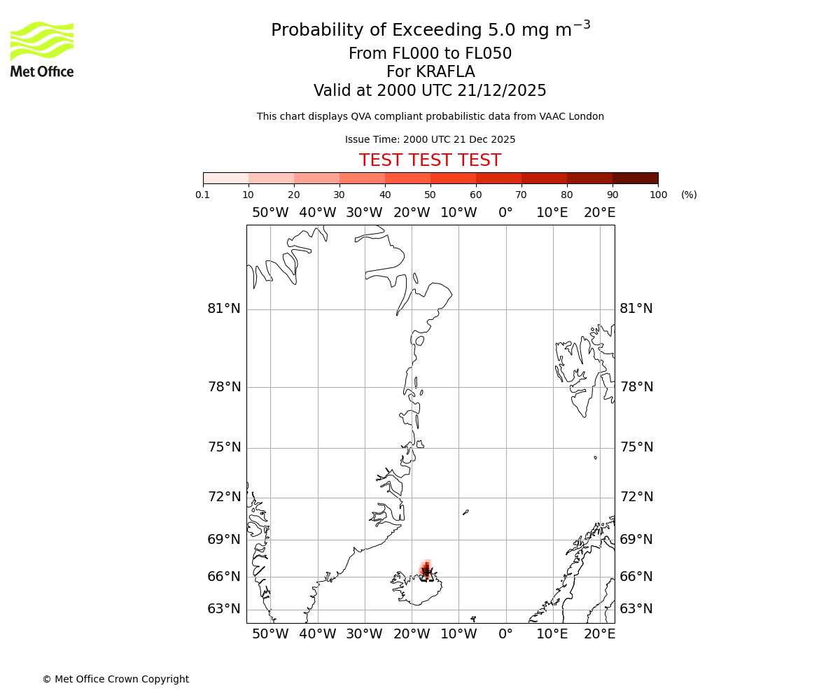 Probability of exceeding 5.0 milligrams per metre cubed. From 000 to 050 for KRAFLA. Valid at 2000 UTC 21/12/2025