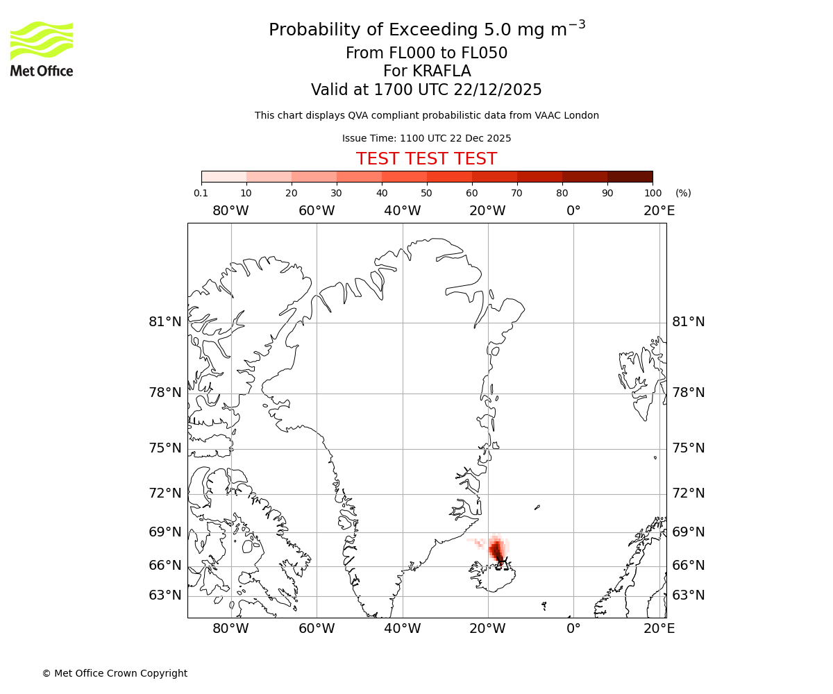 Probability of exceeding 5.0 milligrams per metre cubed. From 000 to 050 for KRAFLA. Valid at 1700 UTC 22/12/2025
