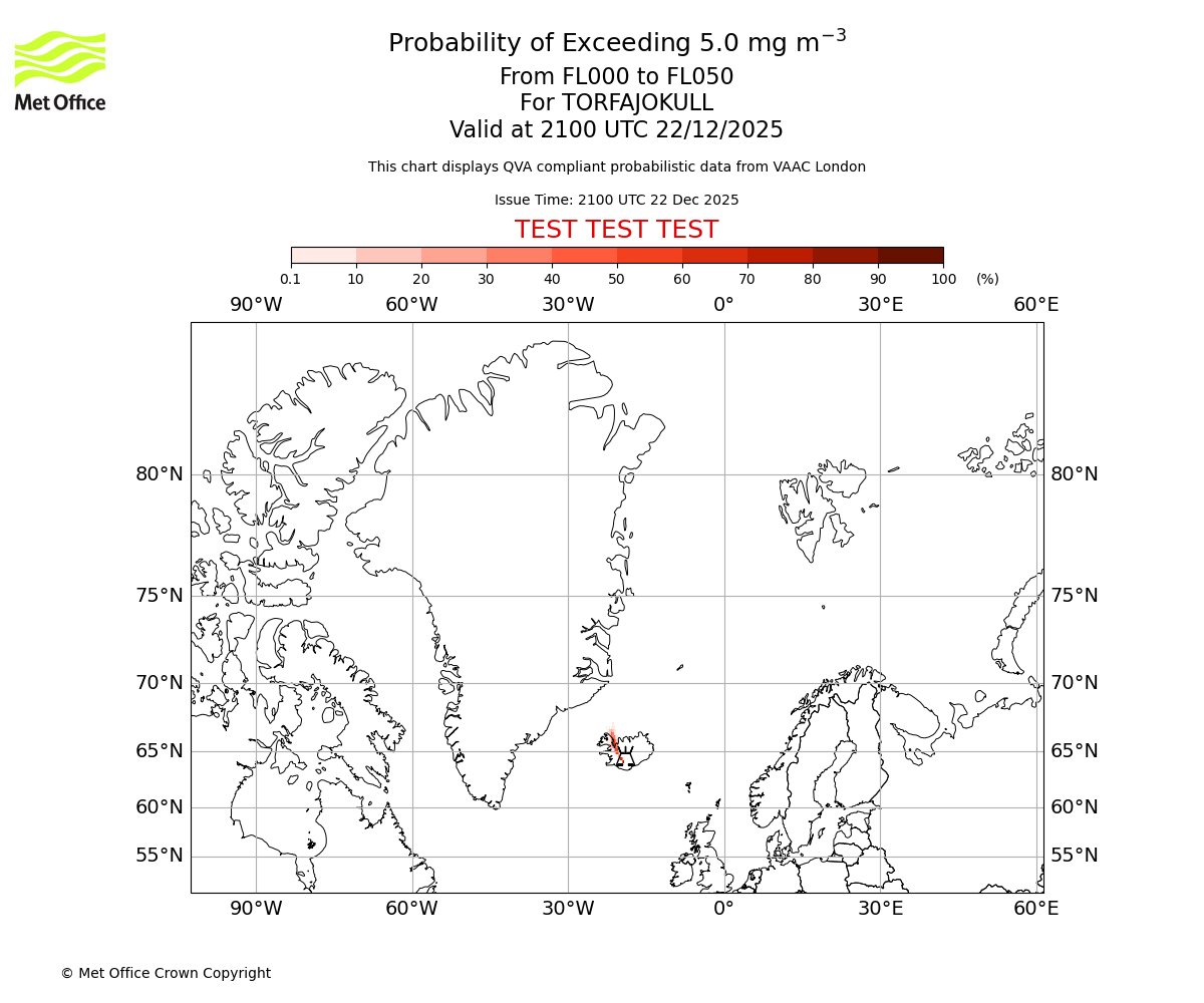 Probability of exceeding 5.0 milligrams per metre cubed. From 000 to 050 for TORFAJOKULL. Valid at 2100 UTC 22/12/2025