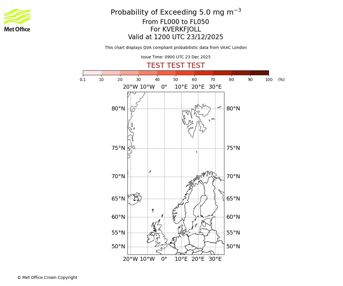 Probability of exceeding 5.0 milligrams per metre cubed. From 000 to 050 for KVERKFJOLL. Valid at 1200 UTC 23/12/2025