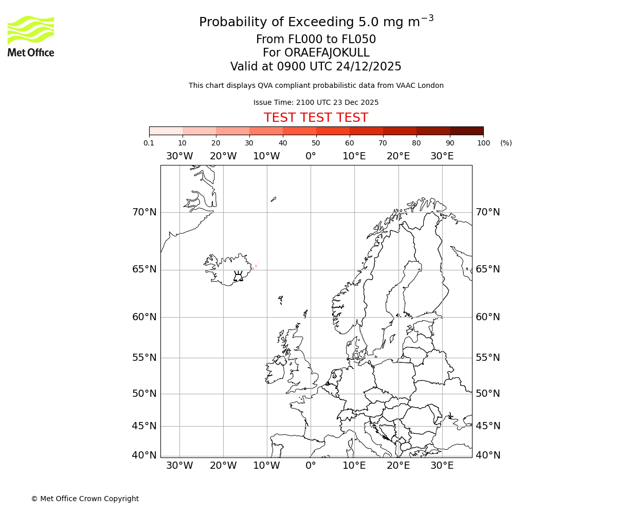 Probability of exceeding 5.0 milligrams per metre cubed. From 000 to 050 for ORAEFAJOKULL. Valid at 0900 UTC 24/12/2025