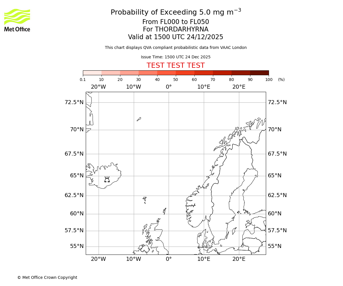 Probability of exceeding 5.0 milligrams per metre cubed. From 000 to 050 for THORDARHYRNA. Valid at 1500 UTC 24/12/2025