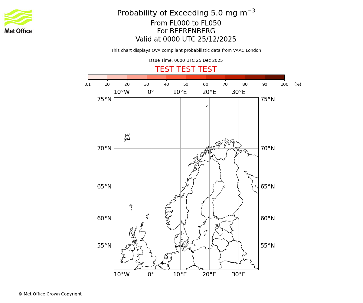 Probability of exceeding 5.0 milligrams per metre cubed. From 000 to 050 for BEERENBERG. Valid at 0000 UTC 25/12/2025